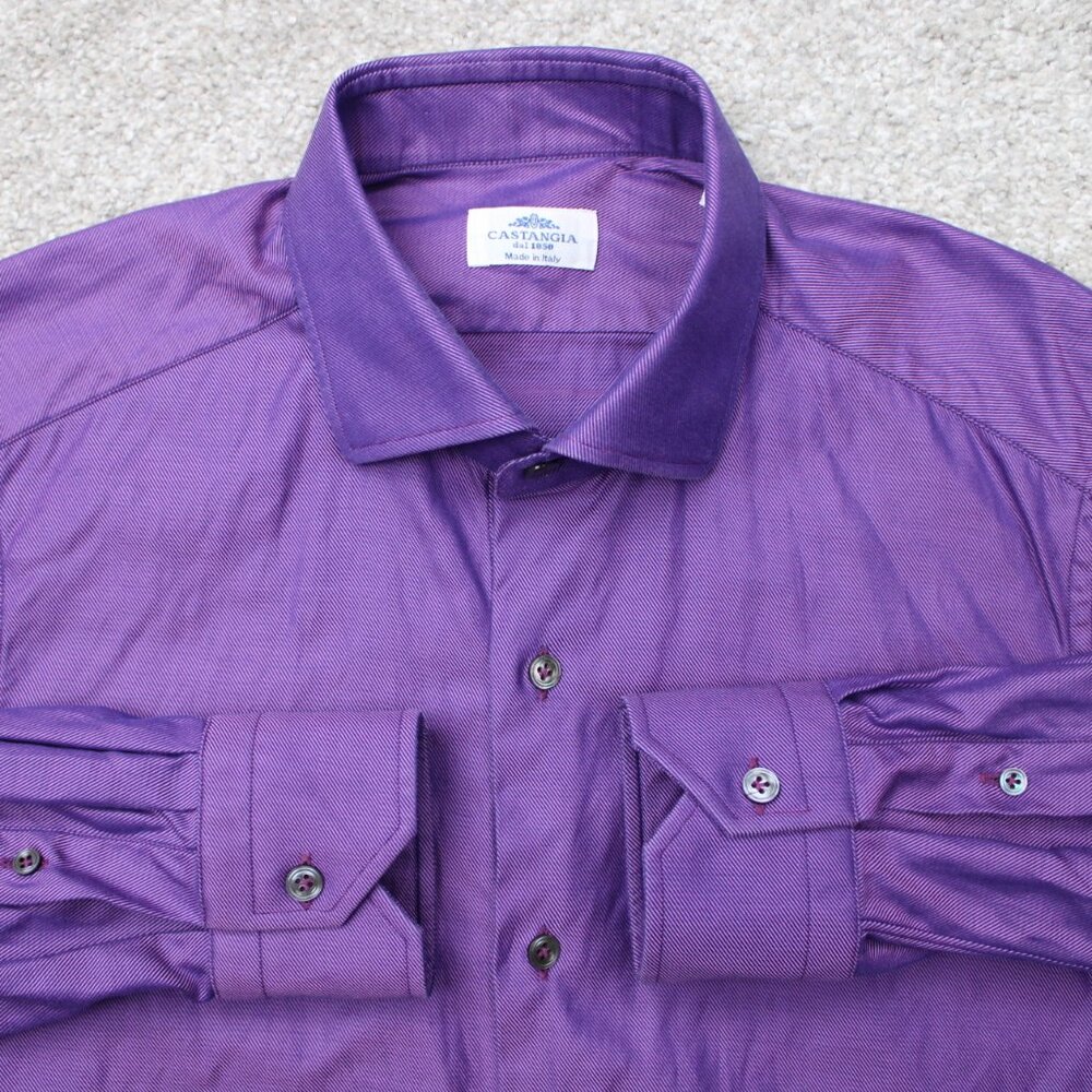 Castangia Dress Shirt Mens 16, 41 Purple 100% Cotton Made in Italy Long Sleeve
